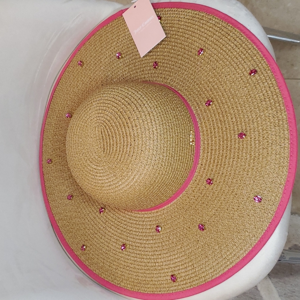 🎉HP🎉Juicy Couture 💖NWT💖 Straw Hat with Pink Ribbon Trim & Pink Gemstones! - Picture 9 of 12